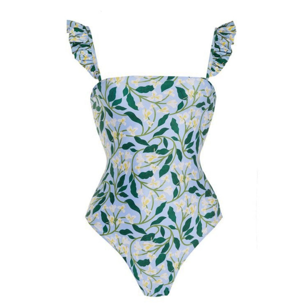 Ruffled Strap Square Neck Printed One Piece Swimsuit &amp; Wrap Skirt Set