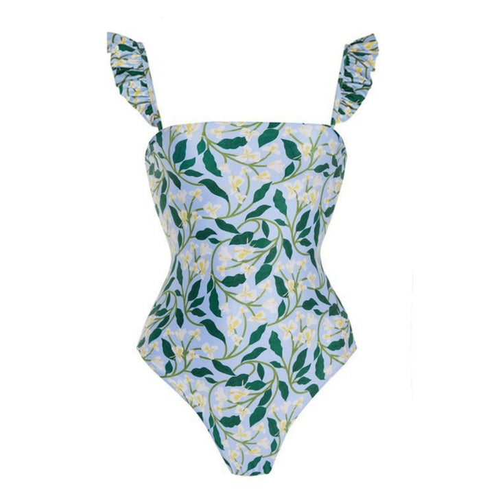 Ruffled Strap Square Neck Printed One Piece Swimsuit &amp; Wrap Skirt Set