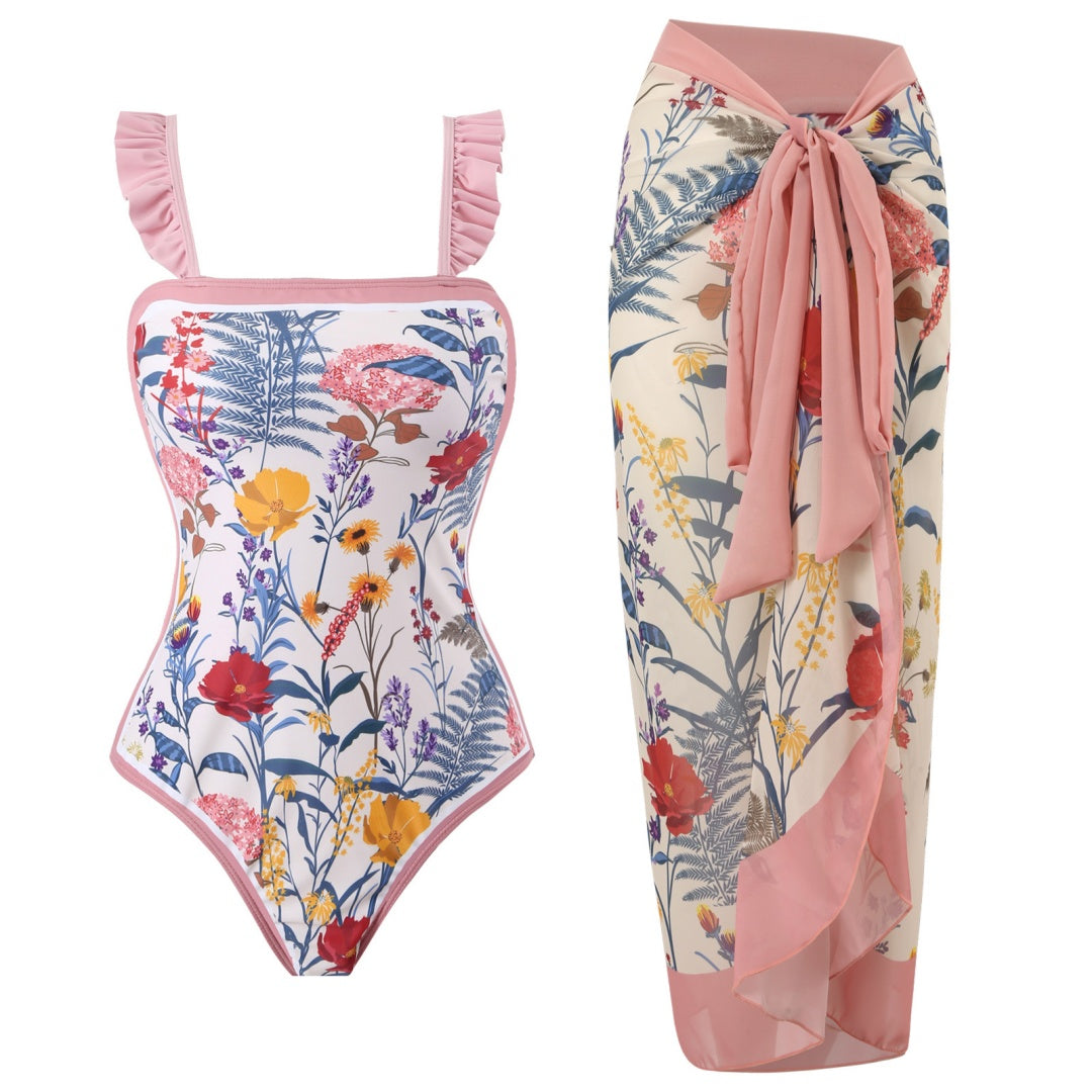 Ruffled Strap Square Neck Printed One Piece Swimsuit &amp; Wrap Skirt Set