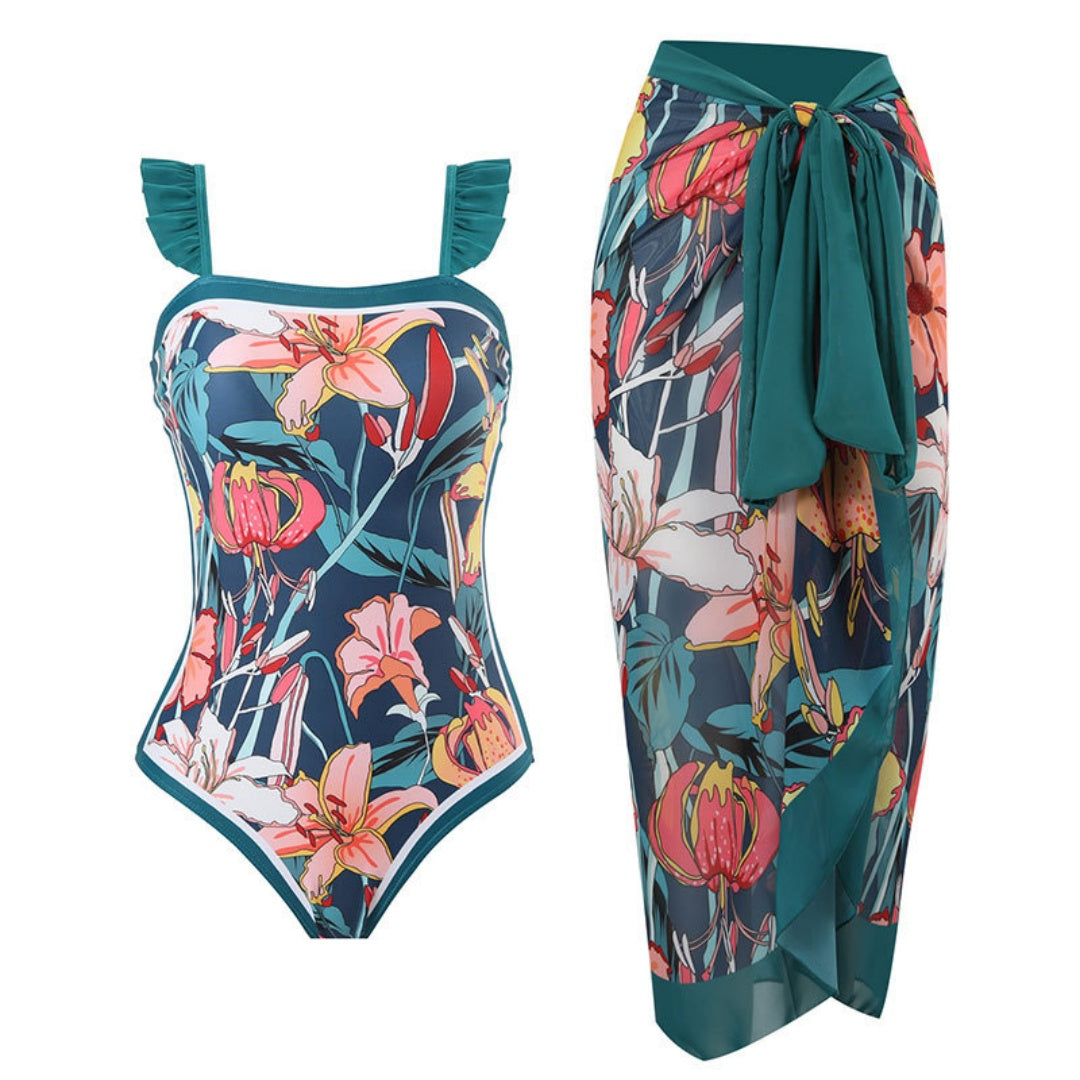 Ruffled Strap Square Neck Printed One Piece Swimsuit &amp; Wrap Skirt Set