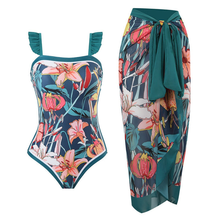 Ruffled Strap Square Neck Printed One Piece Swimsuit &amp; Wrap Skirt Set