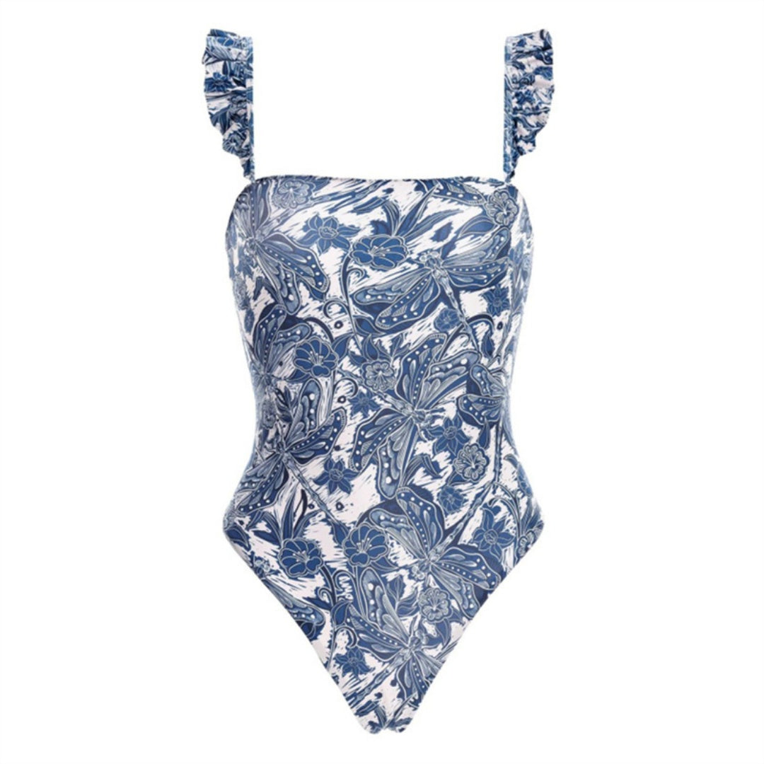 Ruffled Strap Square Neck Printed One Piece Swimsuit &amp; Wrap Skirt Set