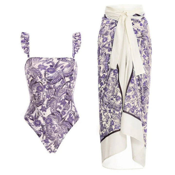 Ruffled Strap Square Neck Printed One Piece Swimsuit &amp; Wrap Skirt Set