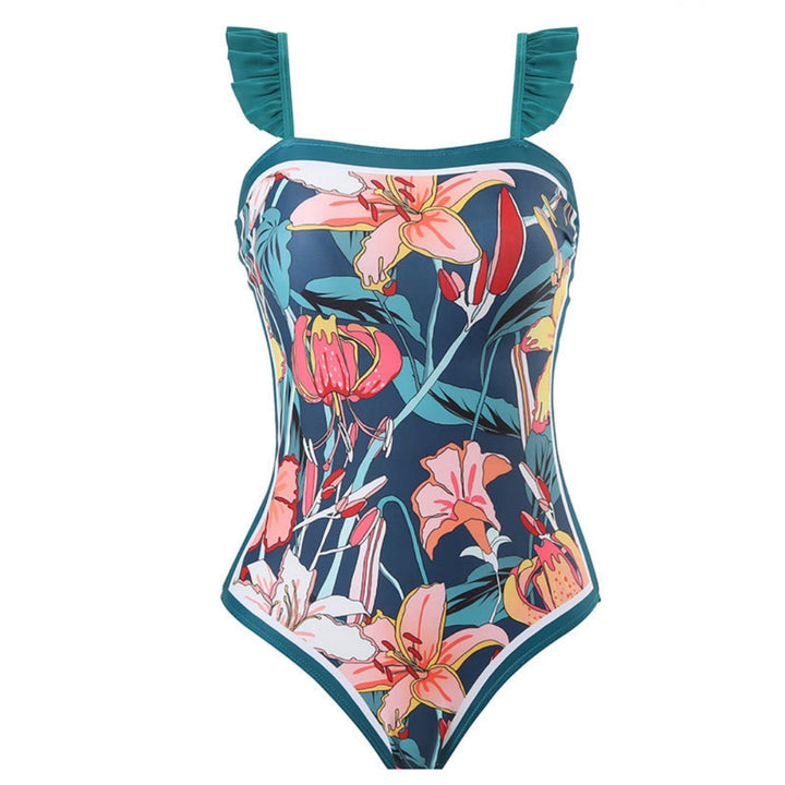 Ruffled Strap Square Neck Printed One Piece Swimsuit &amp; Wrap Skirt Set