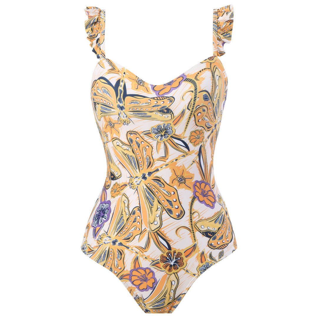 Ruffled Strap Square Neck Printed One Piece Swimsuit &amp; Wrap Skirt Set