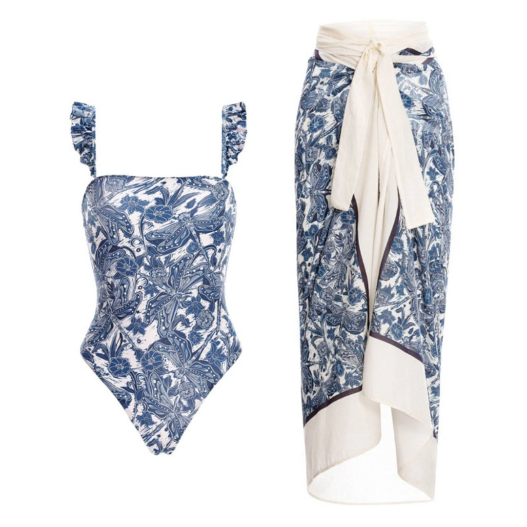 Ruffled Strap Square Neck Printed One Piece Swimsuit &amp; Wrap Skirt Set