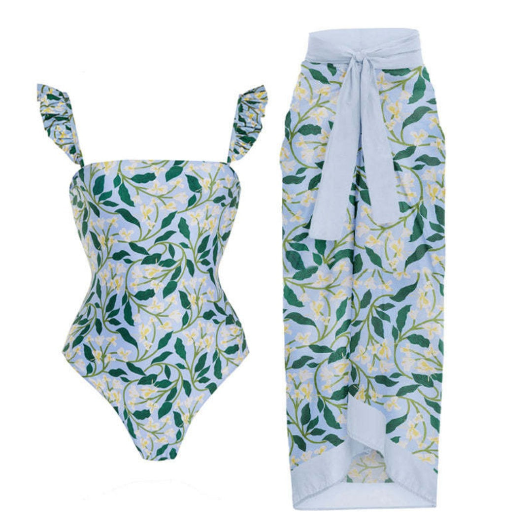 Ruffled Strap Square Neck Printed One Piece Swimsuit &amp; Wrap Skirt Set