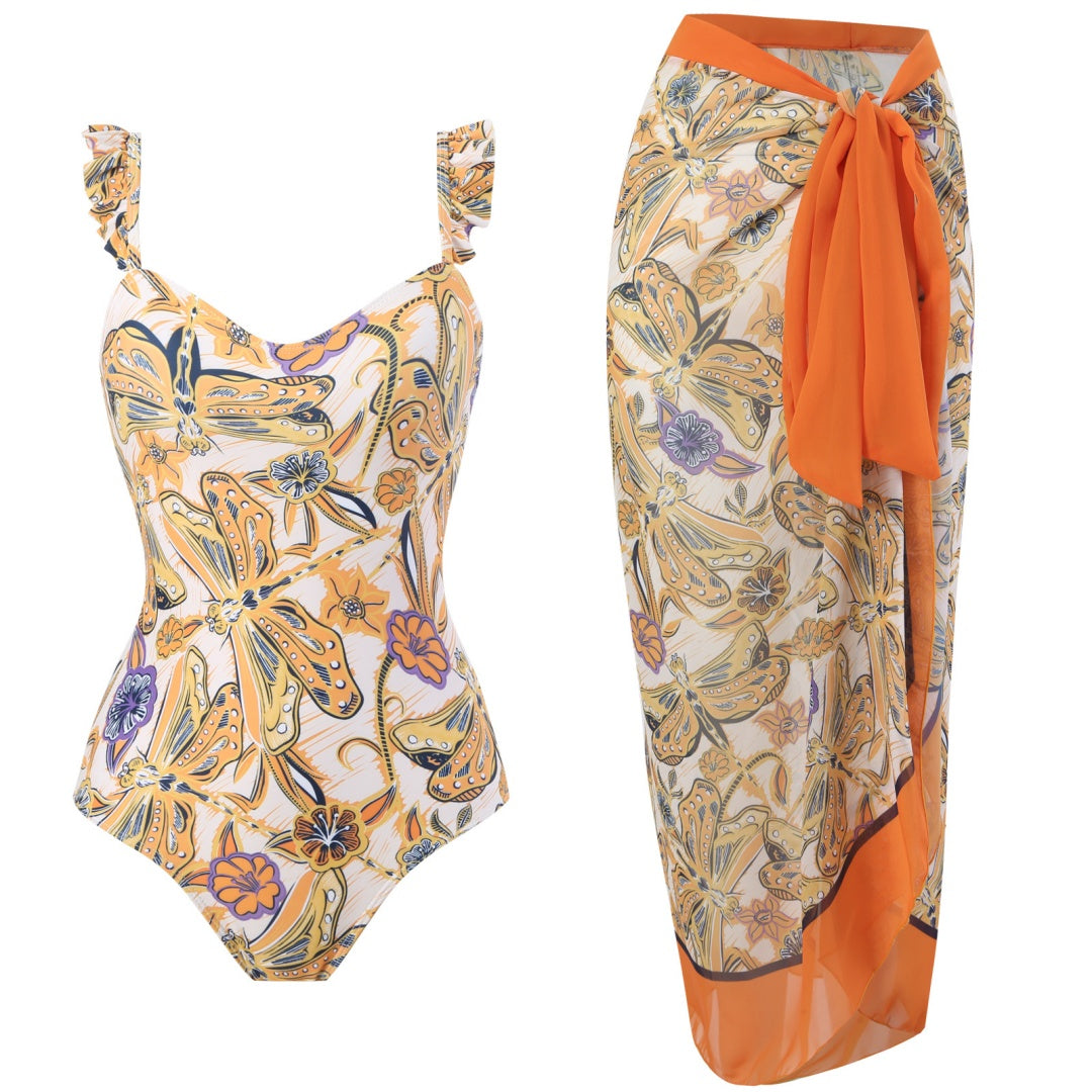 Ruffled Strap Square Neck Printed One Piece Swimsuit &amp; Wrap Skirt Set