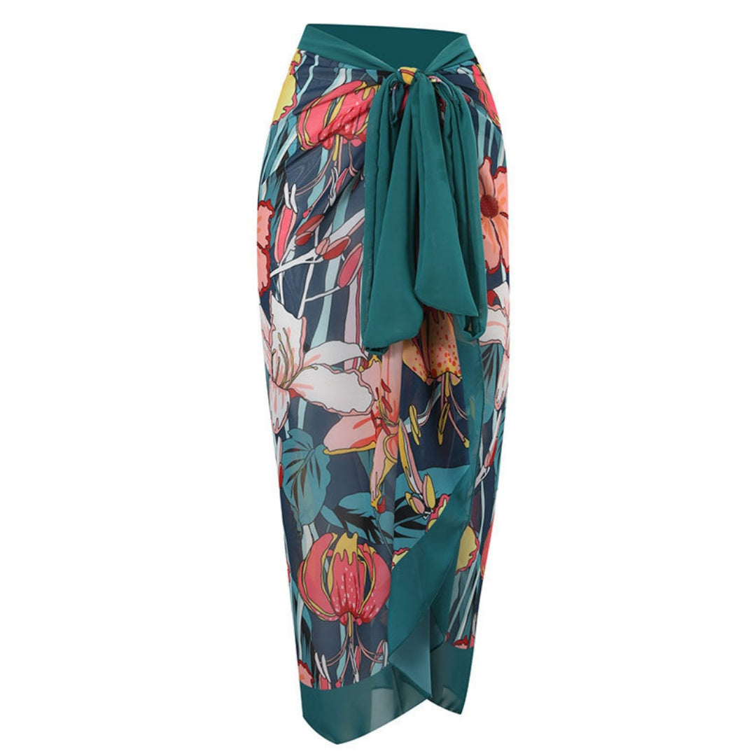 Ruffled Strap Square Neck Printed One Piece Swimsuit &amp; Wrap Skirt Set