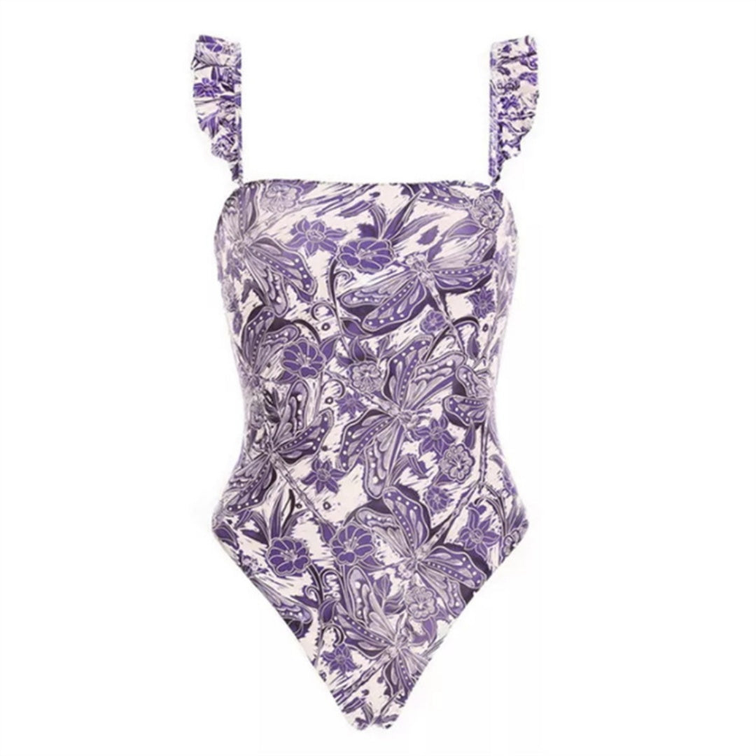 Ruffled Strap Square Neck Printed One Piece Swimsuit &amp; Wrap Skirt Set
