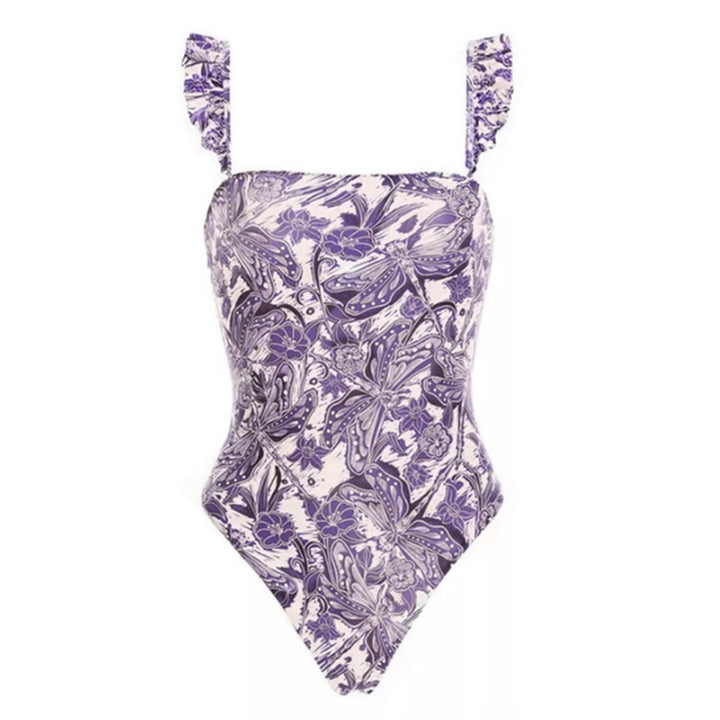 Ruffled Strap Square Neck Printed One Piece Swimsuit &amp; Wrap Skirt Set
