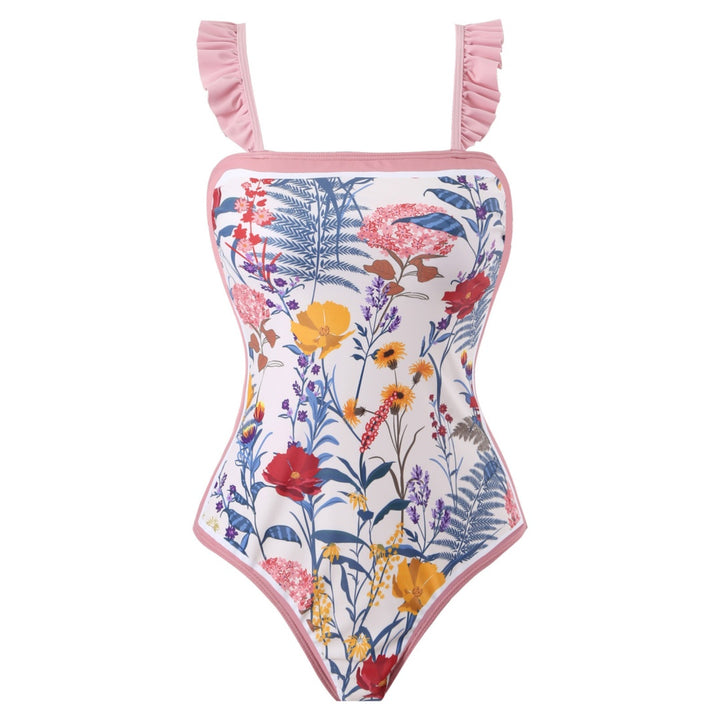 Ruffled Strap Square Neck Printed One Piece Swimsuit &amp; Wrap Skirt Set