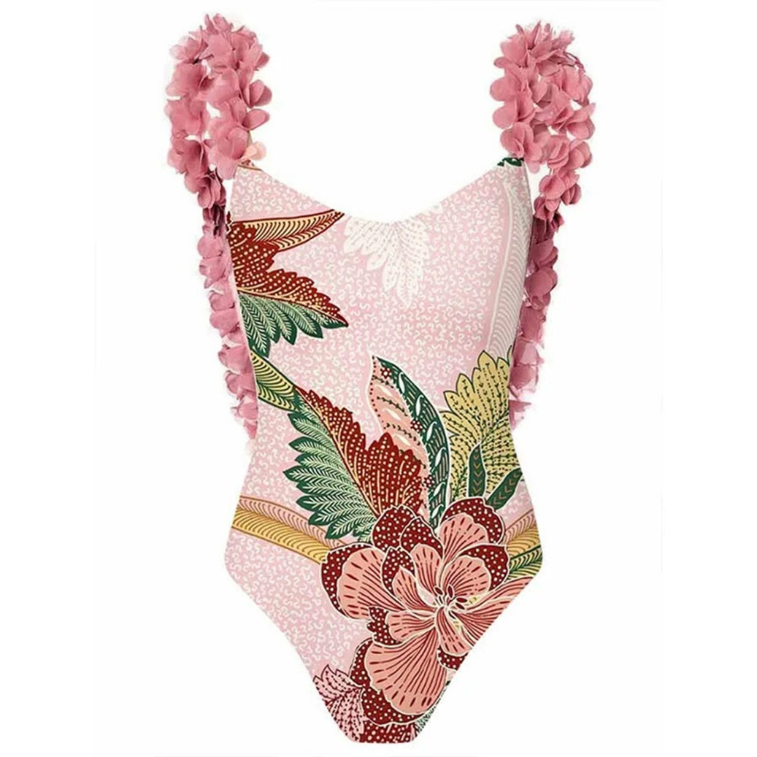 Ruffled Strap Square Neck Printed One Piece Swimsuit &amp; Wrap Skirt Set