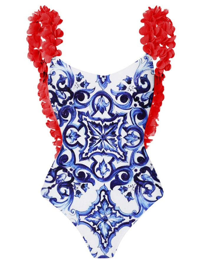 Ruffled Strap Square Neck Printed One Piece Swimsuit &amp; Wrap Skirt Set