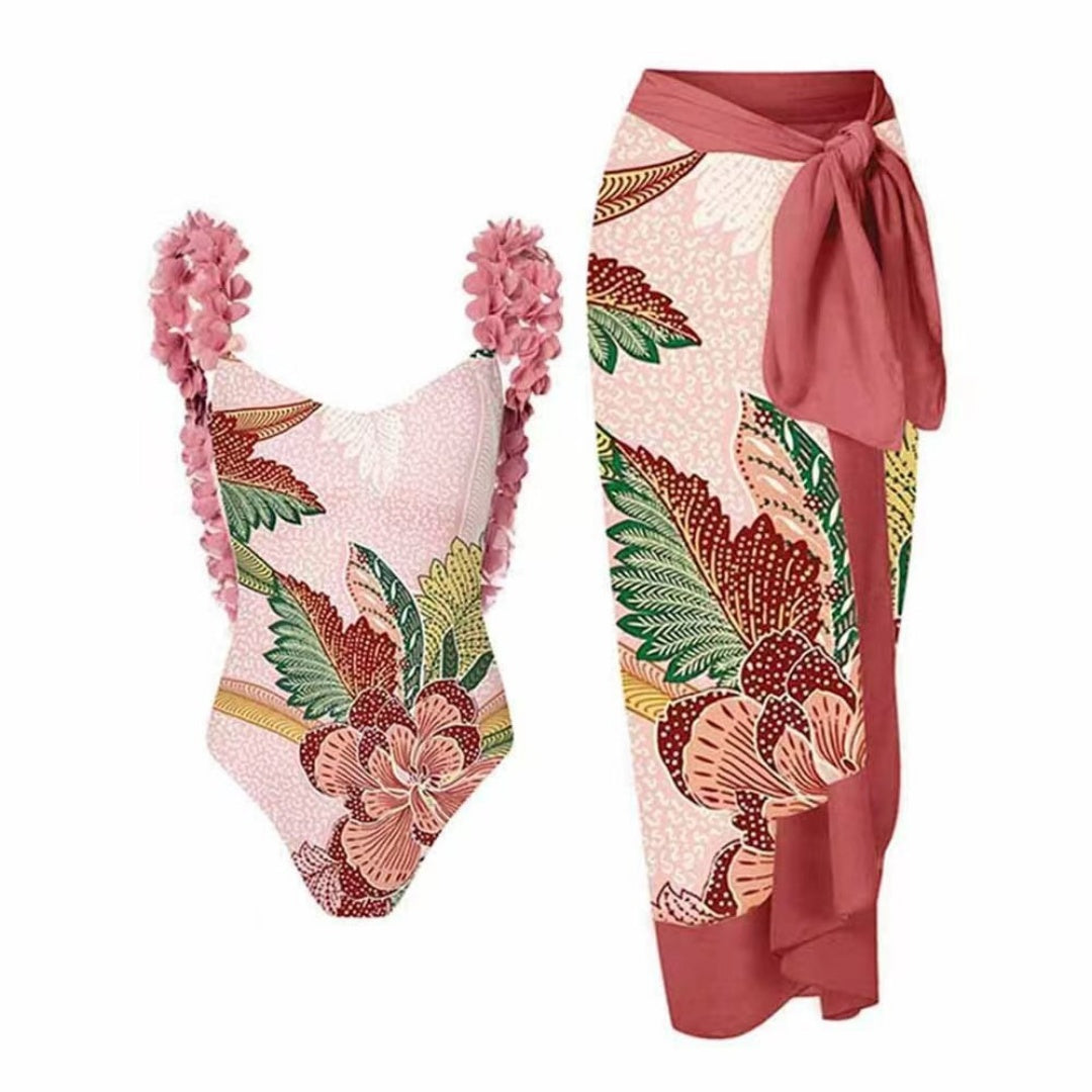 Ruffled Strap Square Neck Printed One Piece Swimsuit &amp; Wrap Skirt Set