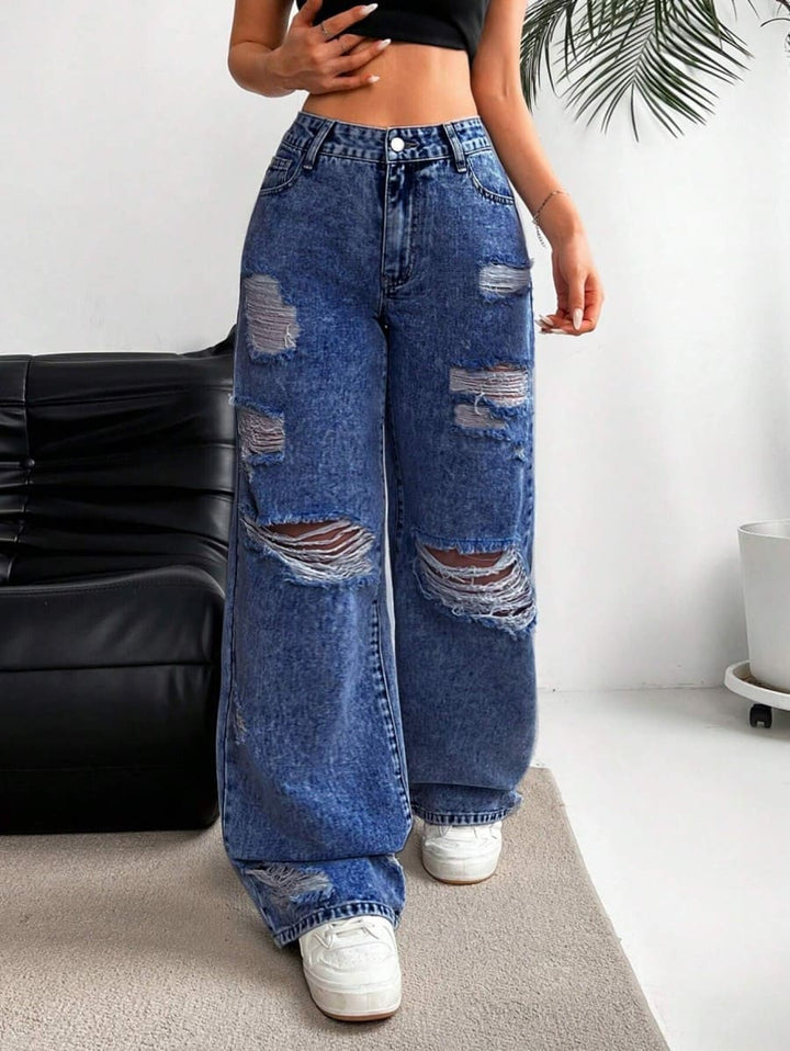 High-waisted straight-leg ripped jeans