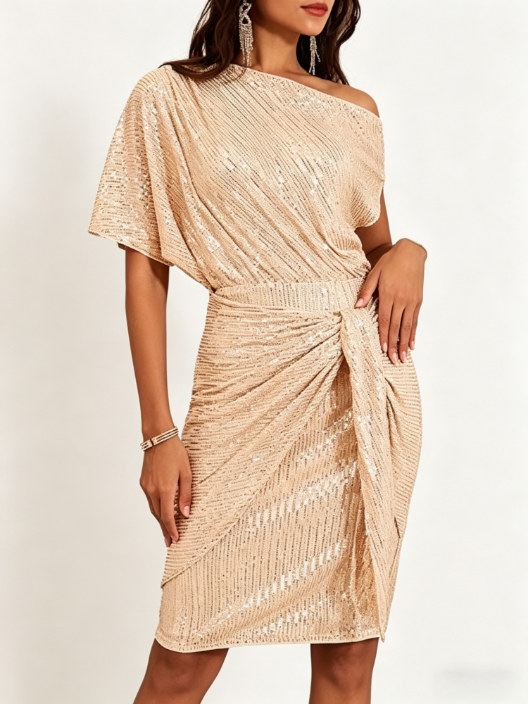 Sequin One-Shoulder Wrap Midi Dress