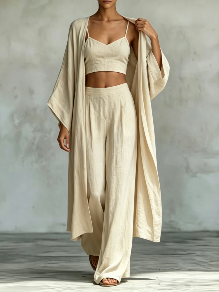 Loose cardigan, camisole, high-waisted wide-leg pants three-piece set