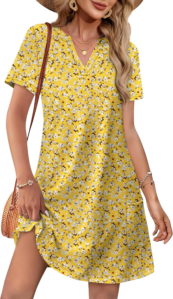 V Neck Short Sleeve Printed A-Line Tunic Dress with Pockets