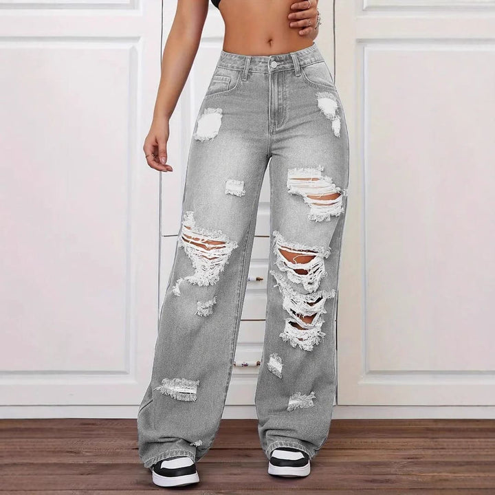Retro distressed washed high-waisted straight leg jeans