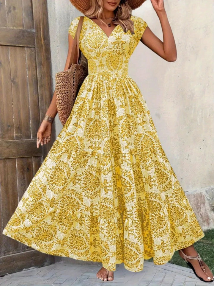 V-neck printed fitted waist maxi dress