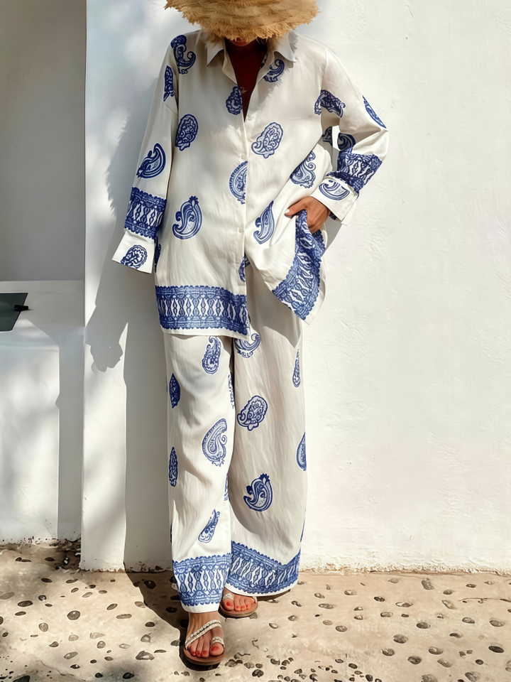 Printed Loose Long-Sleeve Shirt and Pants Two-Piece Set