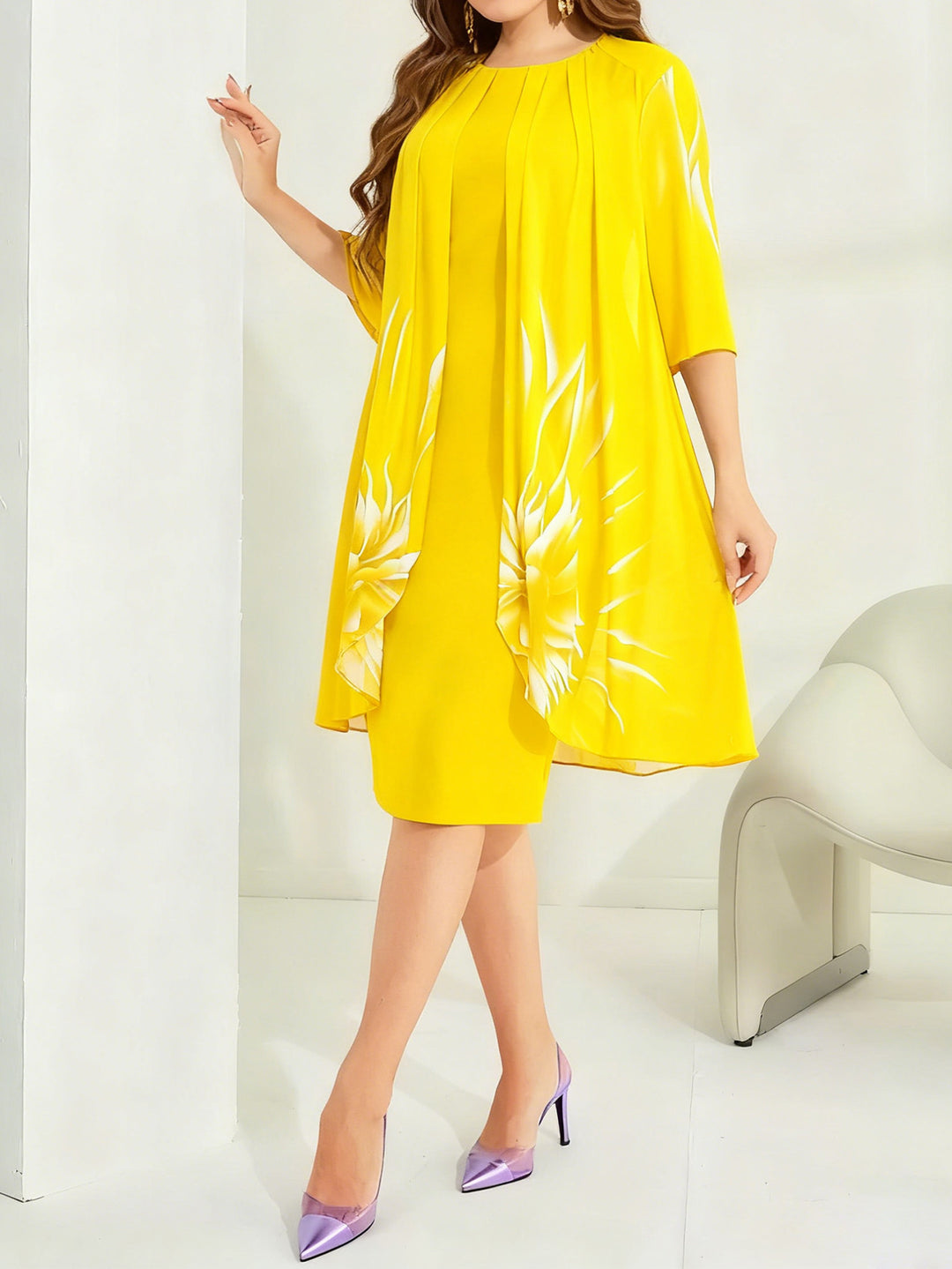 Loose-fitting casual mid-sleeve round neck mesh dress
