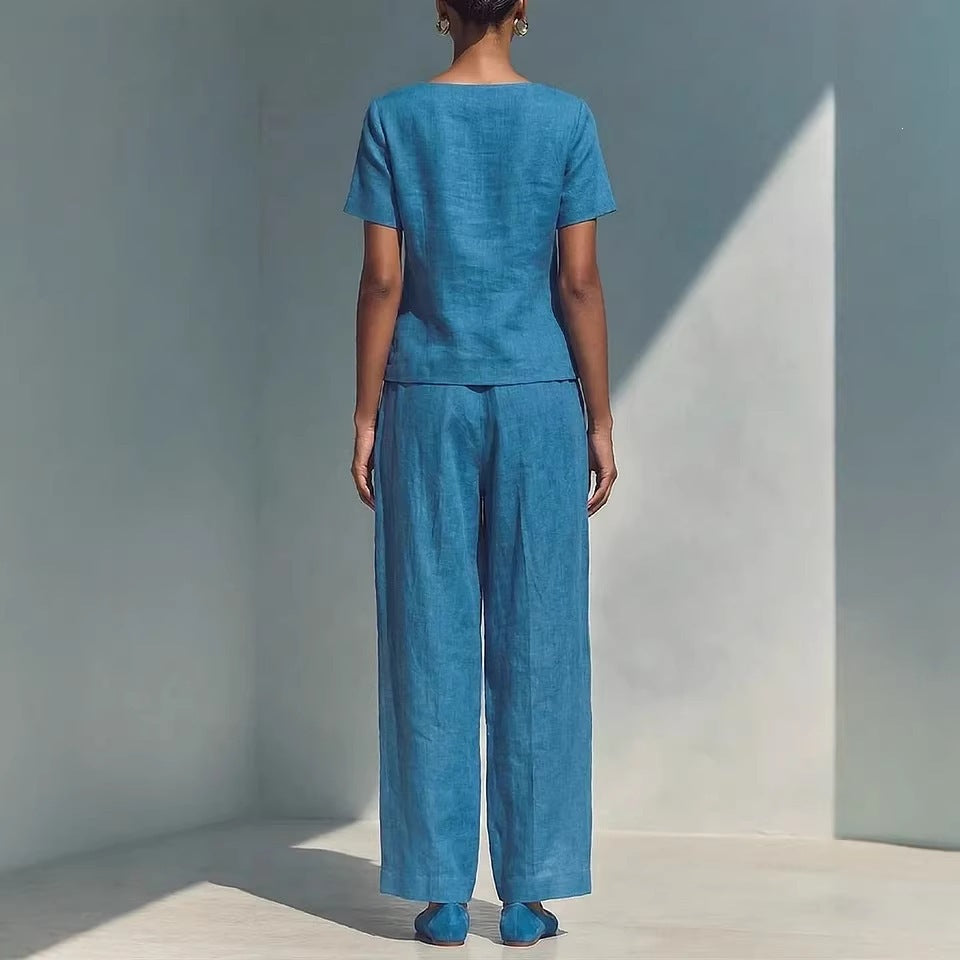Stylish solid color loose short-sleeved top and high-waisted trousers two-piece set