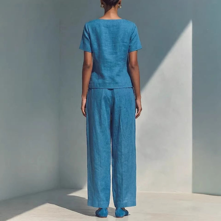 Stylish solid color loose short-sleeved top and high-waisted trousers two-piece set