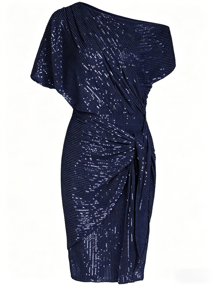 Sequin One-Shoulder Wrap Midi Dress