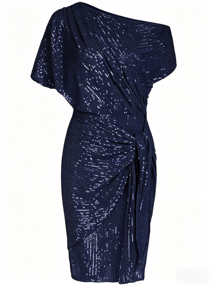 Sequin One-Shoulder Wrap Midi Dress