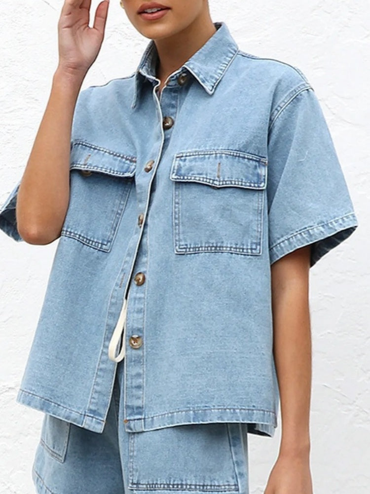 Denim Short Sleeve Shirt &amp; Elastic Waist Shorts Two-Piece Set