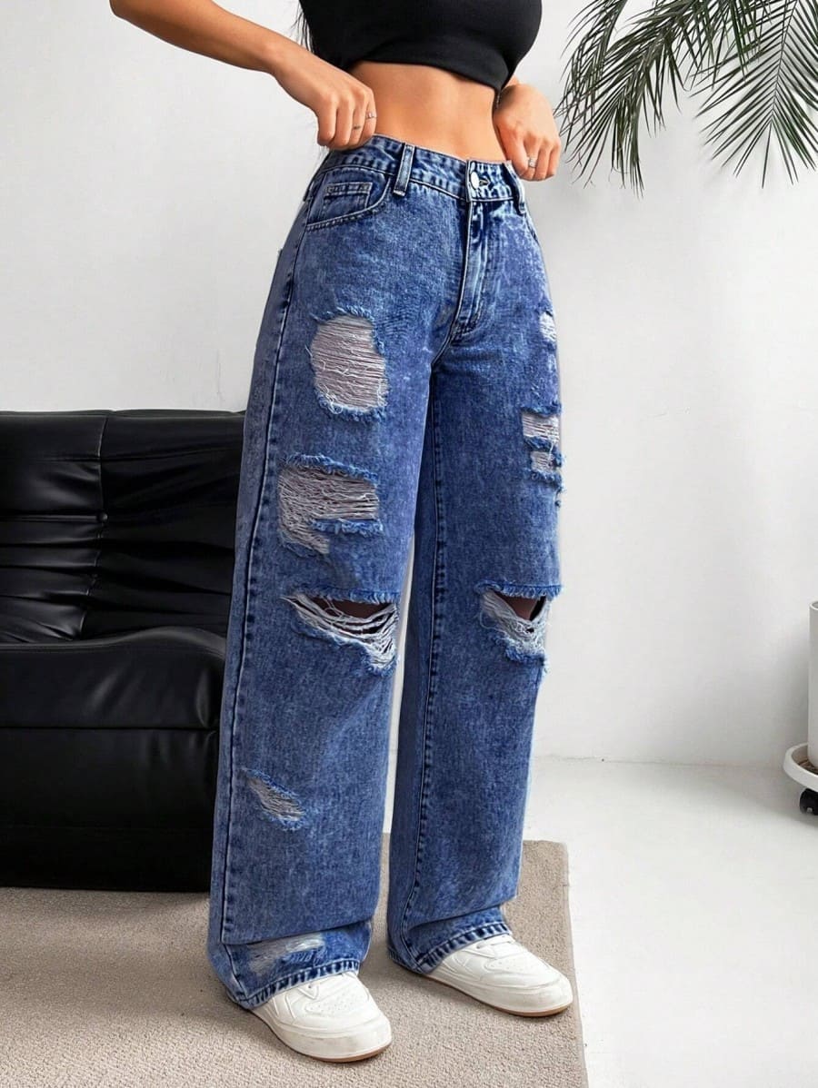 High-waisted straight-leg ripped jeans