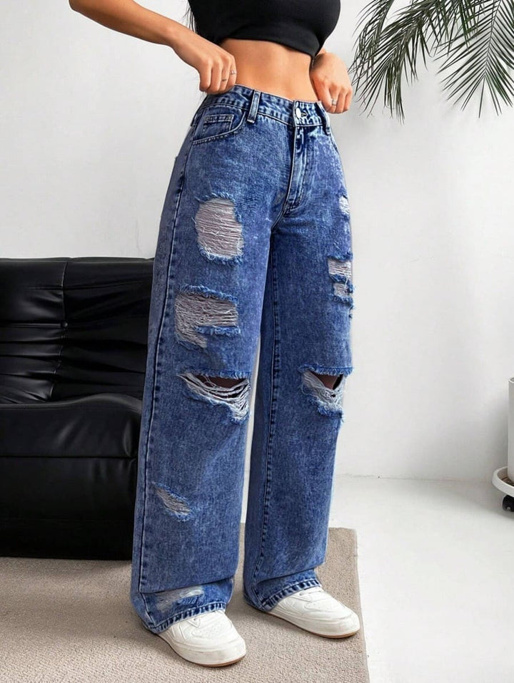 High-waisted straight-leg ripped jeans