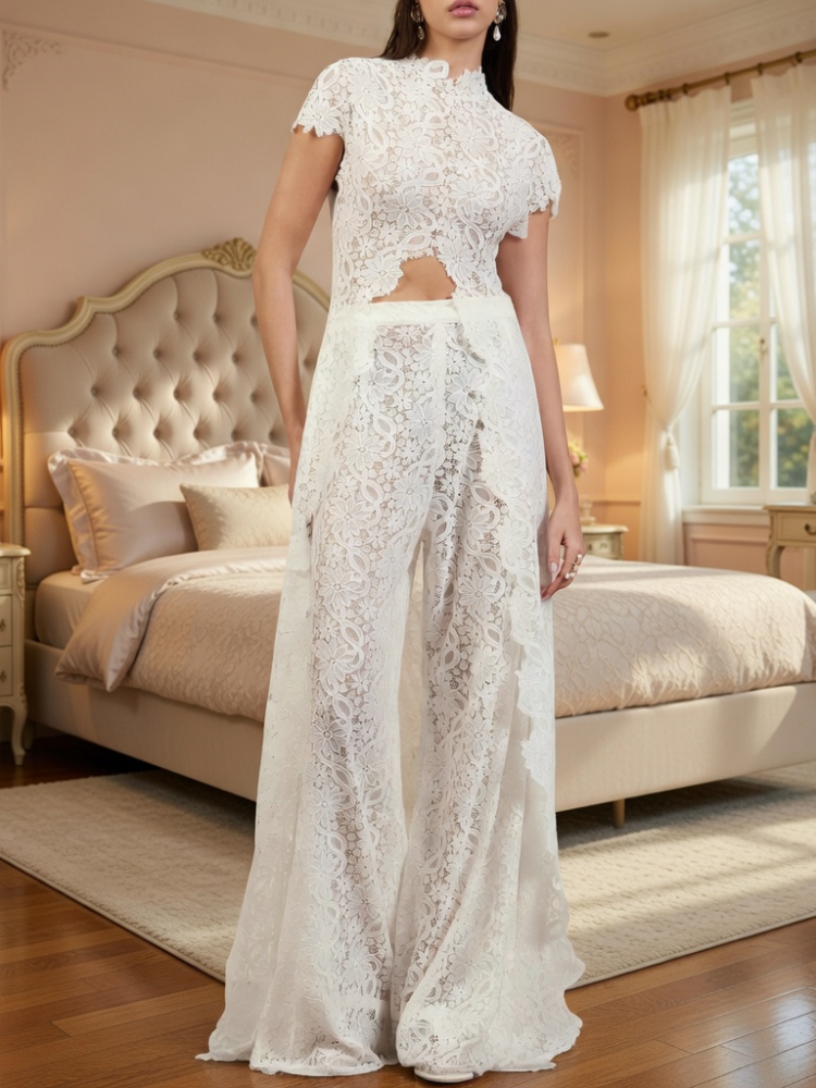 White Lace High Neck Short Sleeve Cutout Maxi Dress