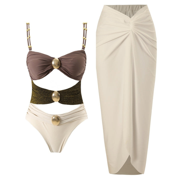 Beaded Strap Cutout Twist Front Swimsuit &amp; Wrap Skirt Set