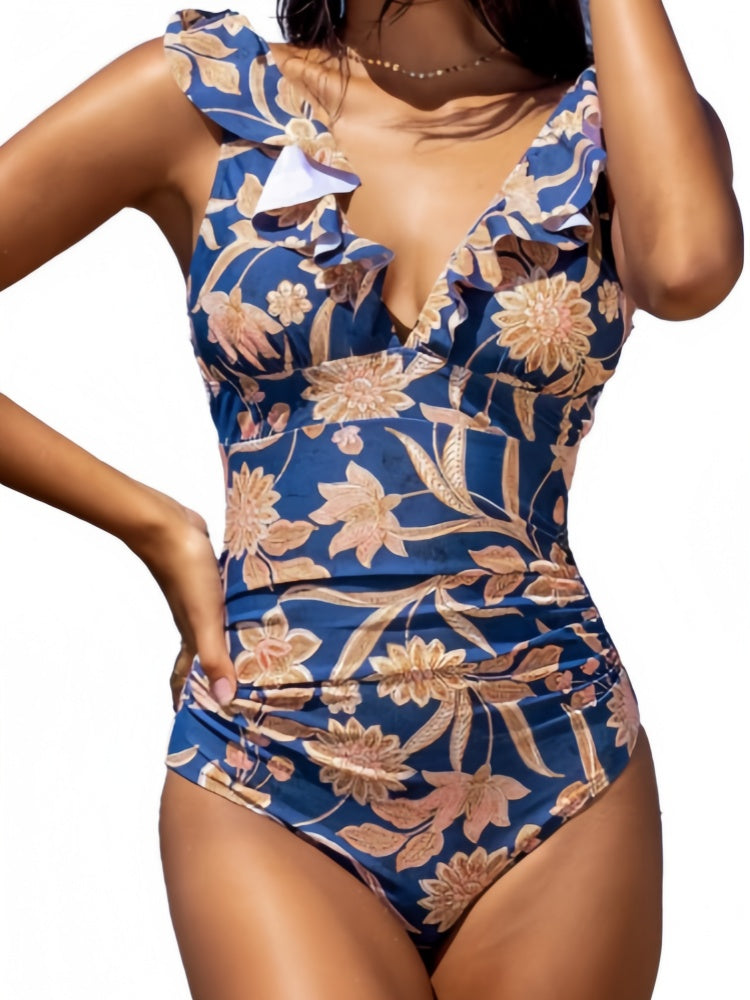 Ruffle V-Neck One Piece Swimsuit – Tummy Control Floral Swimwear
