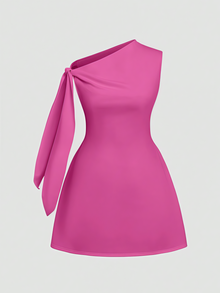 Elegant Solid Color One Shoulder Sleeveless Tie Waist Slim Fit Dress