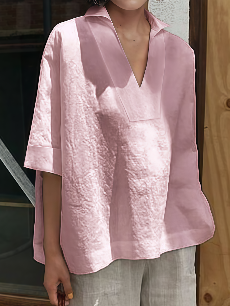 Oversized Linen Blend Collared V-Neck Blouse