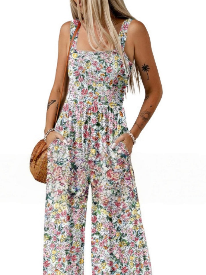 Smocked Square Neck Wide Leg Floral Jumpsuit
