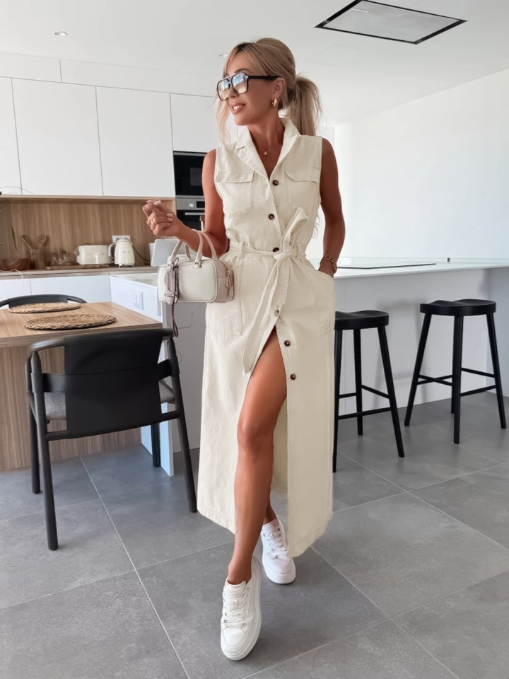 Sleeveless Button-Front Denim Maxi Dress