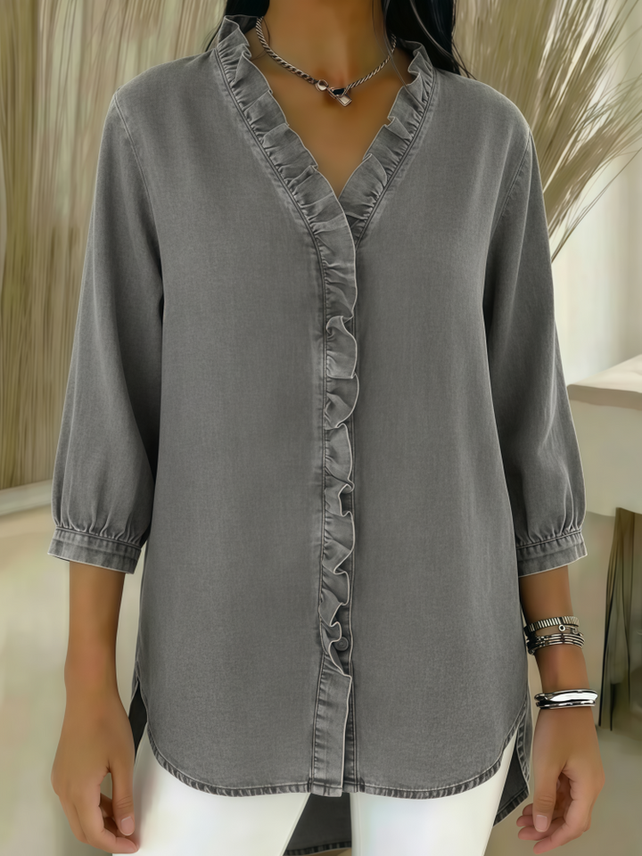 Ruffled V-Neck Denim Button-Down Blouse