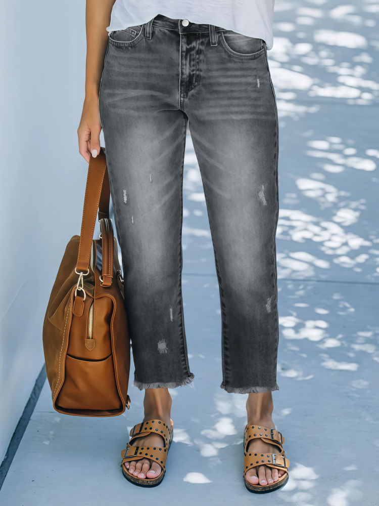 Fringe-trimmed stretch straight leg cropped jeans
