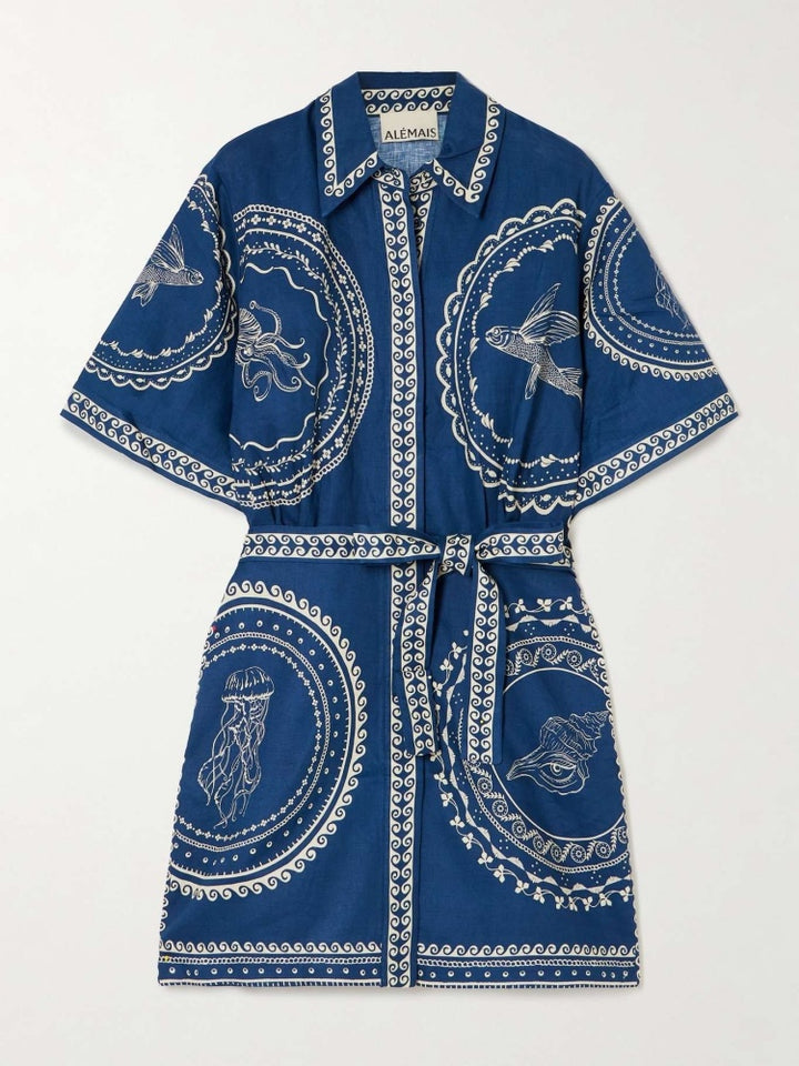 Vintage Marine Print Cotton Linen Shirt Dress - Tie Waist Nautical Mini Dress