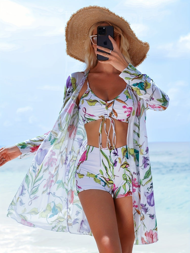 Floral Print 3-Piece Swimsuit Set – Chic Crop Top, High-Waist Shorts & Sheer Cover-Up