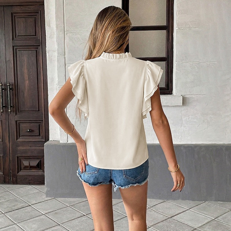 Summer casual loose stand collar tie ruffle sleeve cardigan top shirt women&
