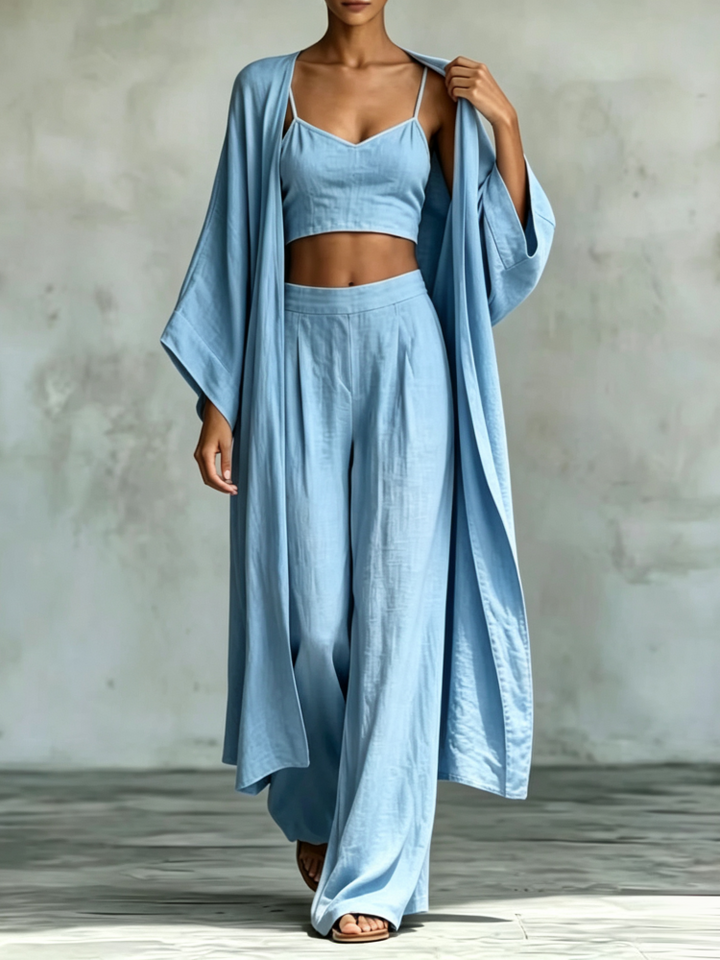 Loose cardigan, camisole, high-waisted wide-leg pants three-piece set