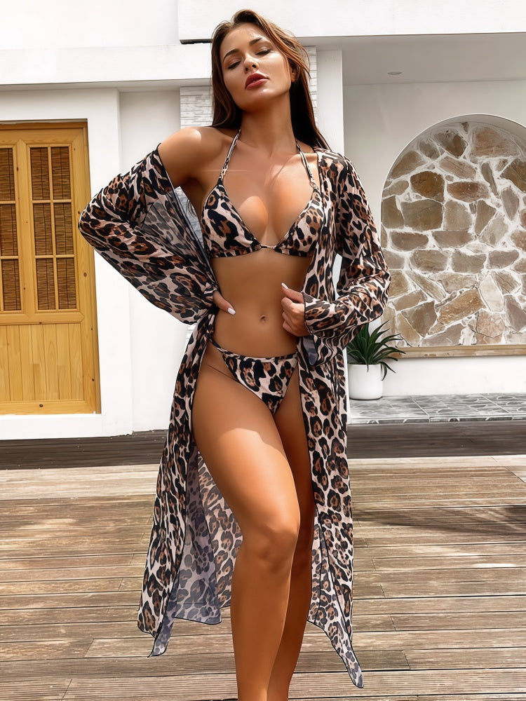 Leopard Print Bikini Set with Cover-Up – 3 Piece Beach Set