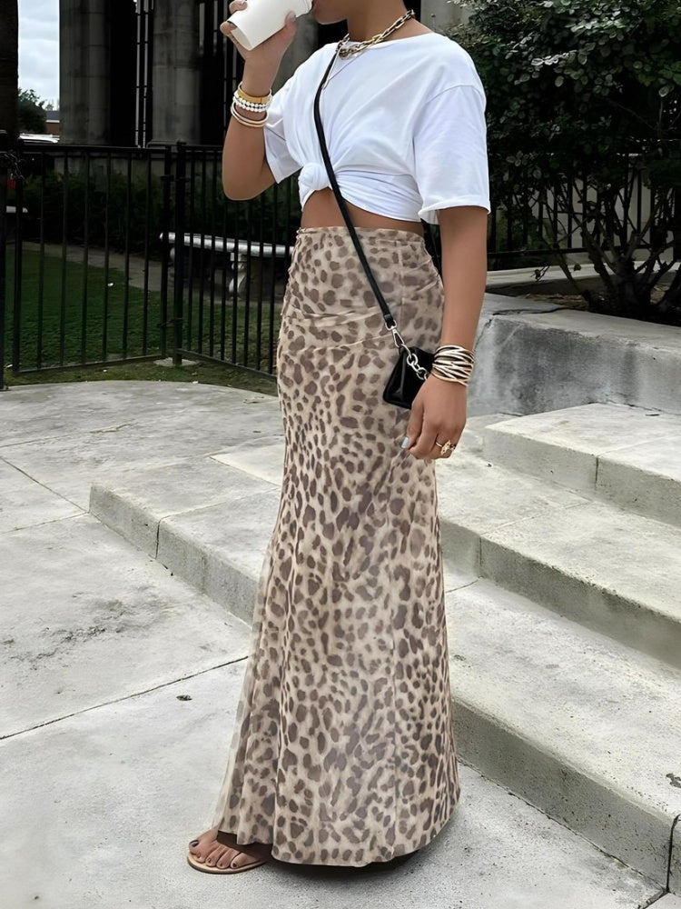Leopard Print Mesh Mermaid Maxi Skirt