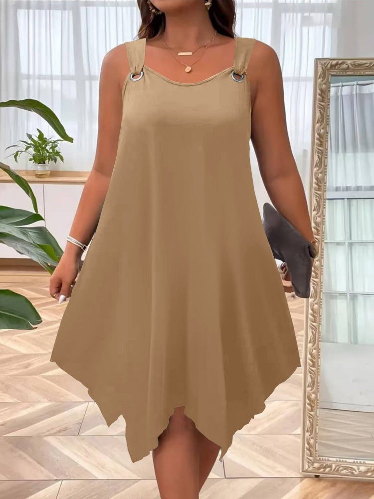 Solid O-Ring Strap Asymmetric Hem Tank Dress